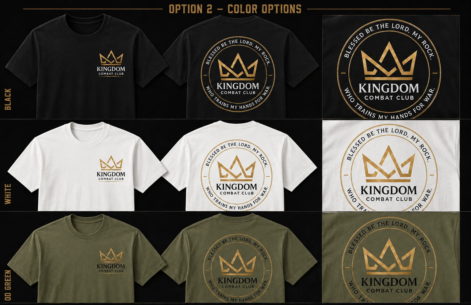 The same shirt shown in black, white and OD green.